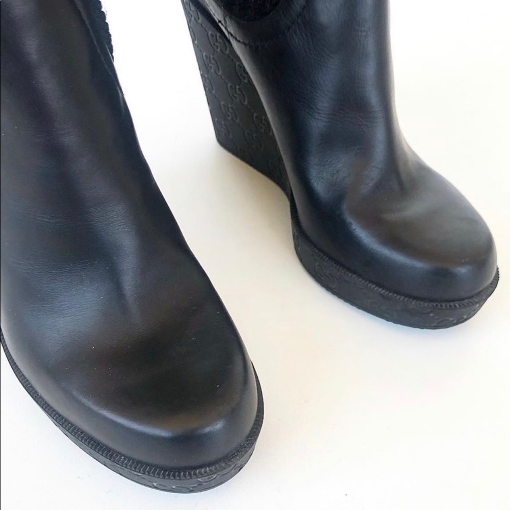 Gucci Black Leather Logo Knit Wool OTK Wedge Boots - Picture 4 of 9
